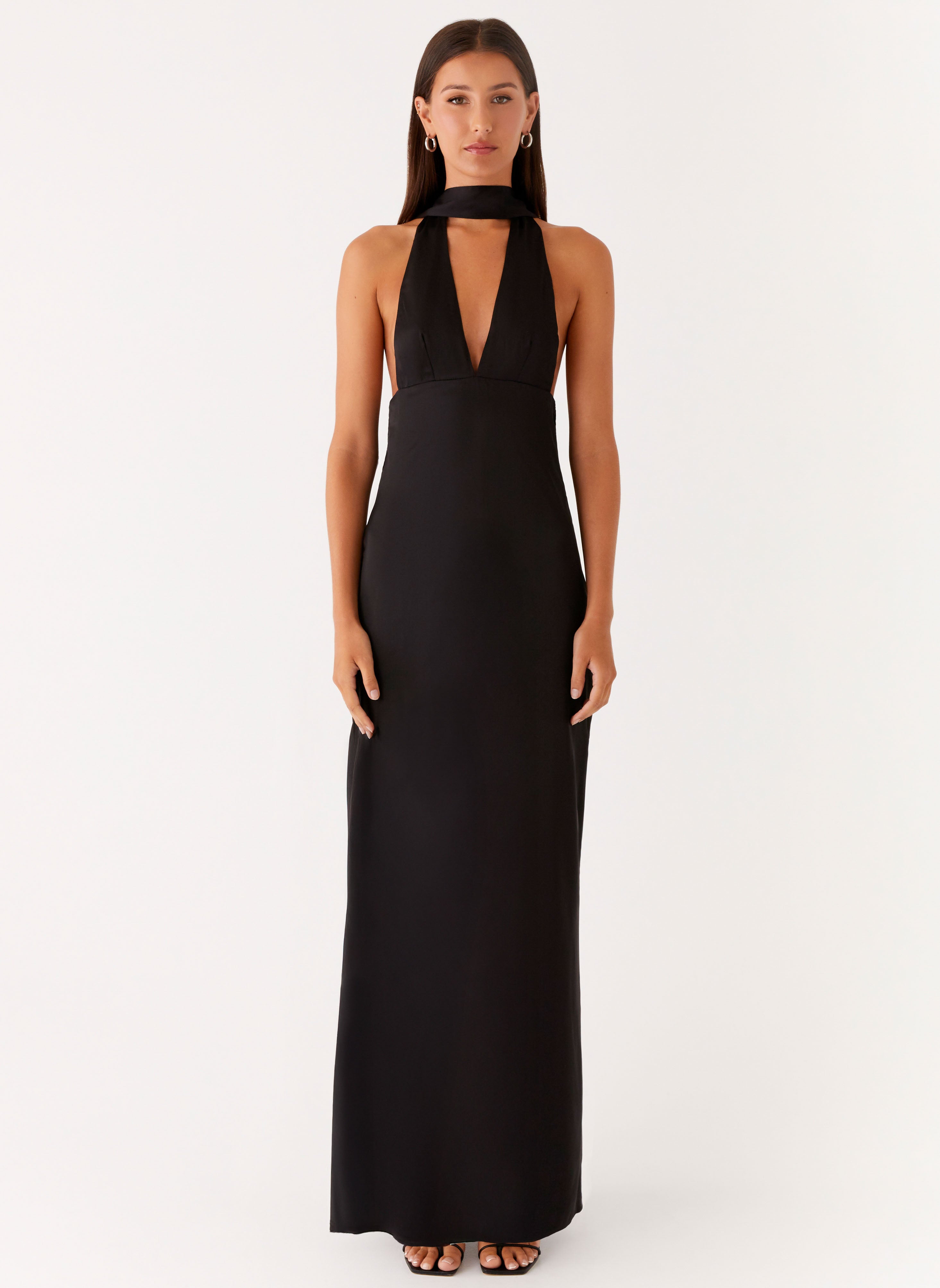 Alicia Satin Halter Maxi Dress - Black