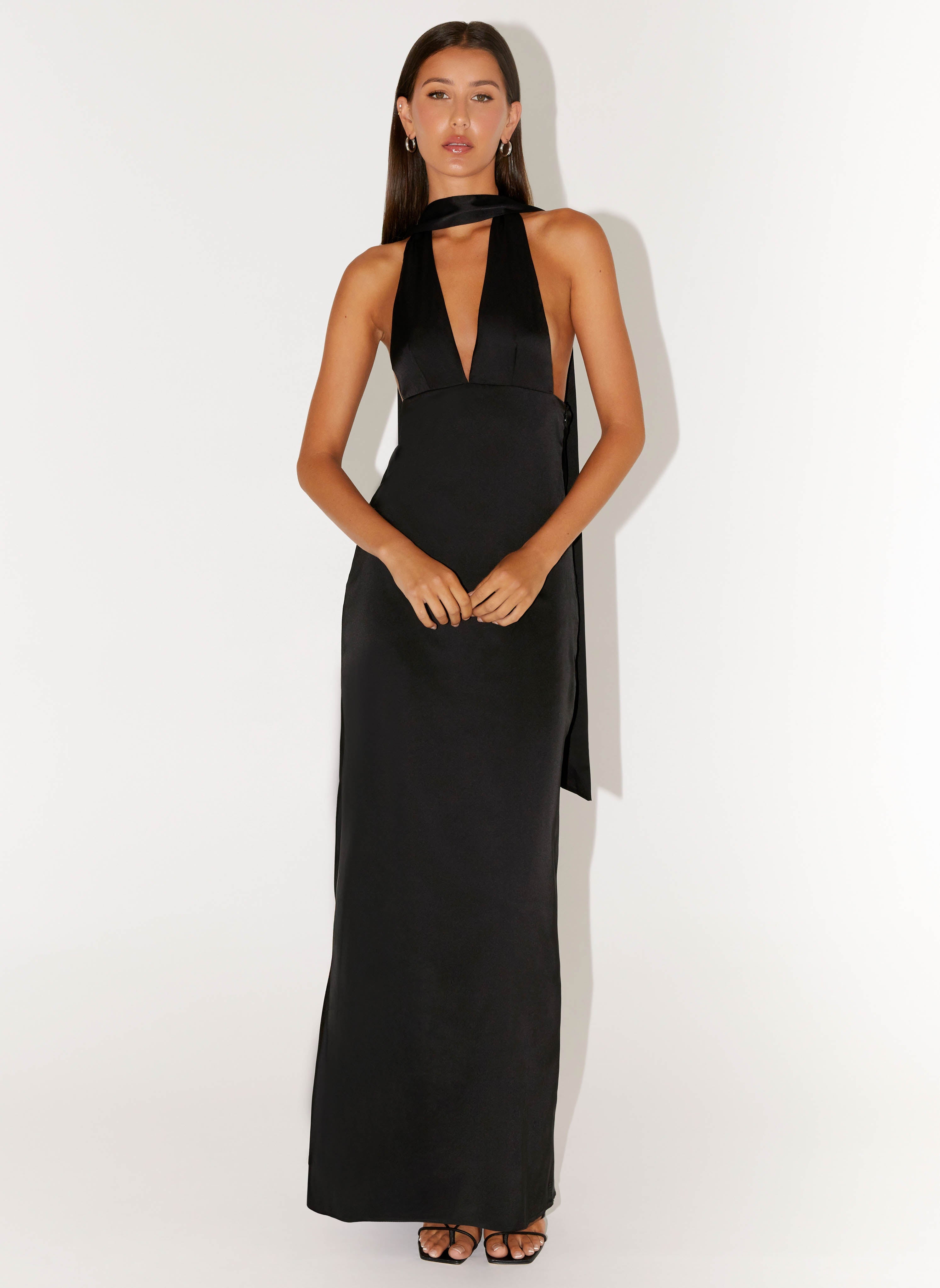 Alicia Satin Halter Maxi Dress - Black