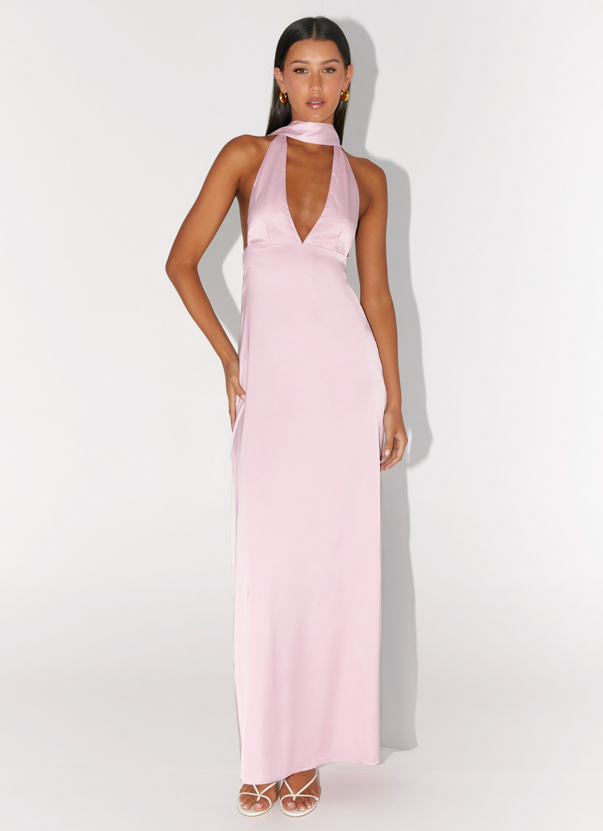 Alicia Satin Halter Maxi Dress - Baby Pink