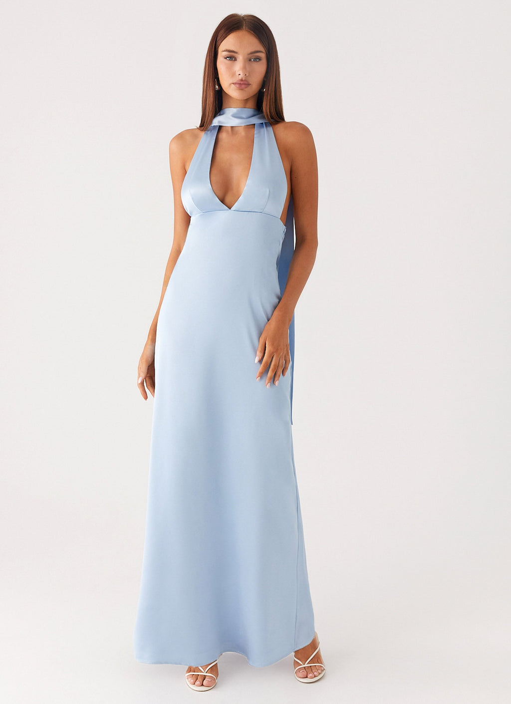 Alicia Satin Halter Maxi Dress - Baby Blue