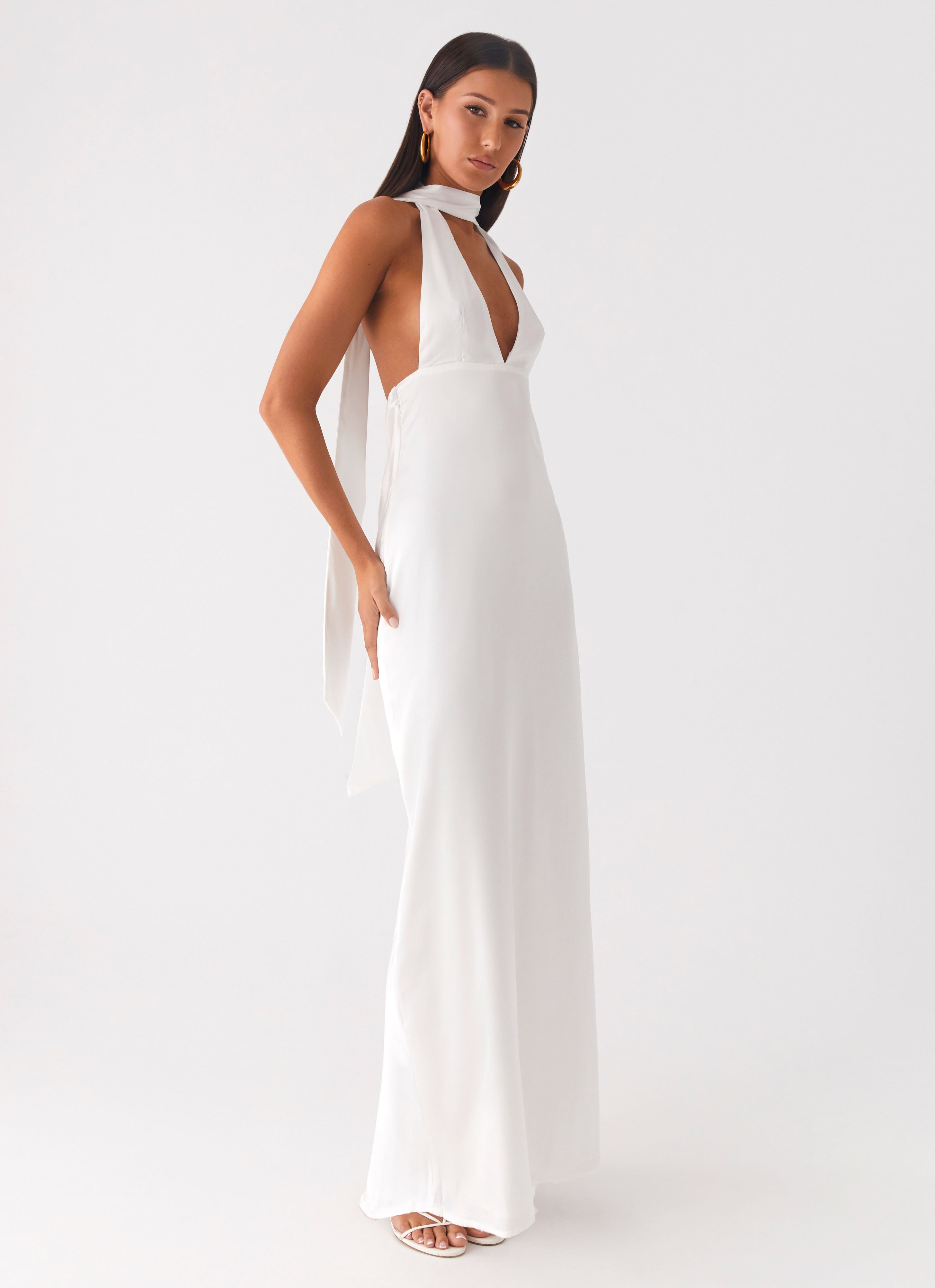 Alicia Satin Halter Maxi Dress - White