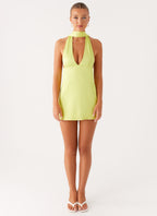 Alicia Satin Halter Mini Dress - Sunny Lime