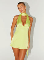 Alicia Satin Halter Mini Dress - Sunny Lime