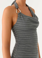 Bad Alive Halter Hanky Mini Dress - Grey Marle Stripe