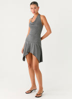 Bad Alive Halter Hanky Mini Dress - Grey Marle Stripe