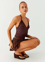 Bahama Eyelet Lace Up Top - Chocolate Strawberry Dot