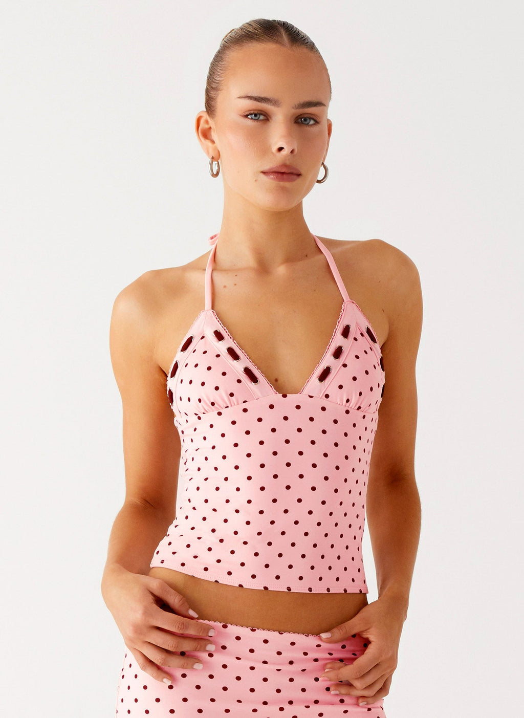 Bahama Eyelet Lace Up Top - Strawberry Dot