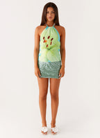 Dalila Beaded Tie Back Top - Turquoise Floral