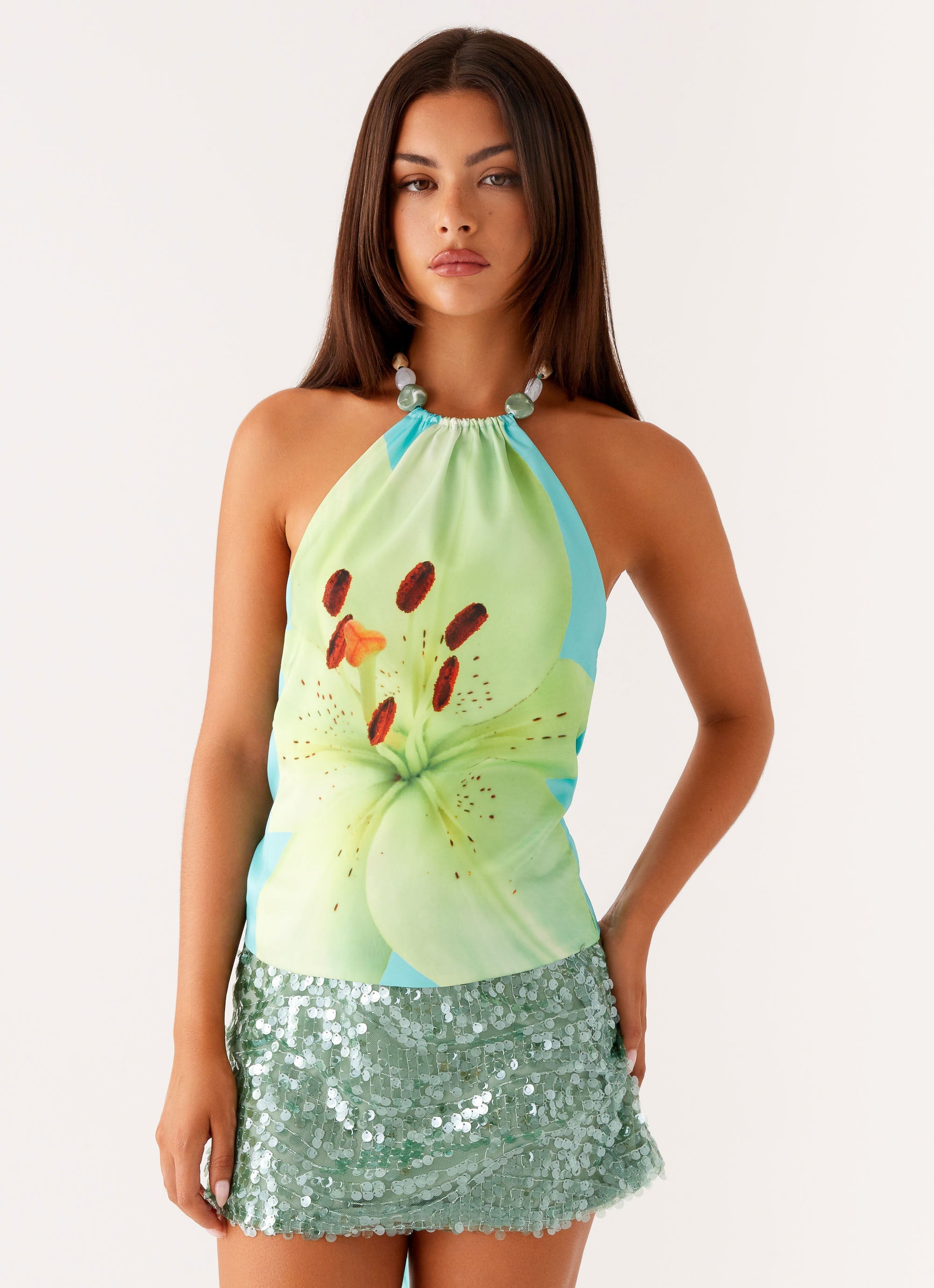 Dalila Beaded Tie Back Top - Turquoise Floral