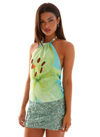 Dalila Beaded Tie Back Top - Turquoise Floral
