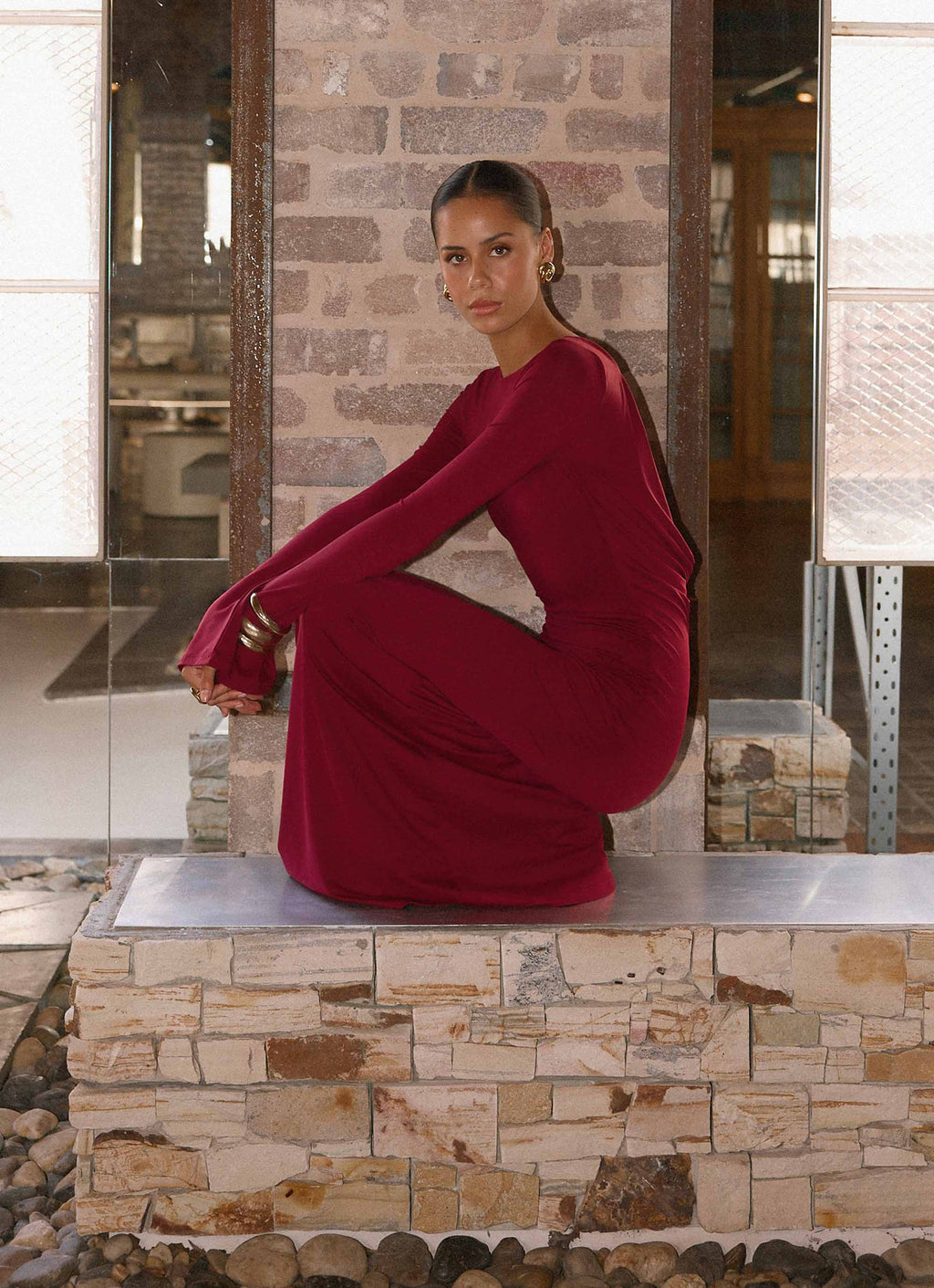 Elmont Long Sleeve Maxi Dress - Dark Cherry