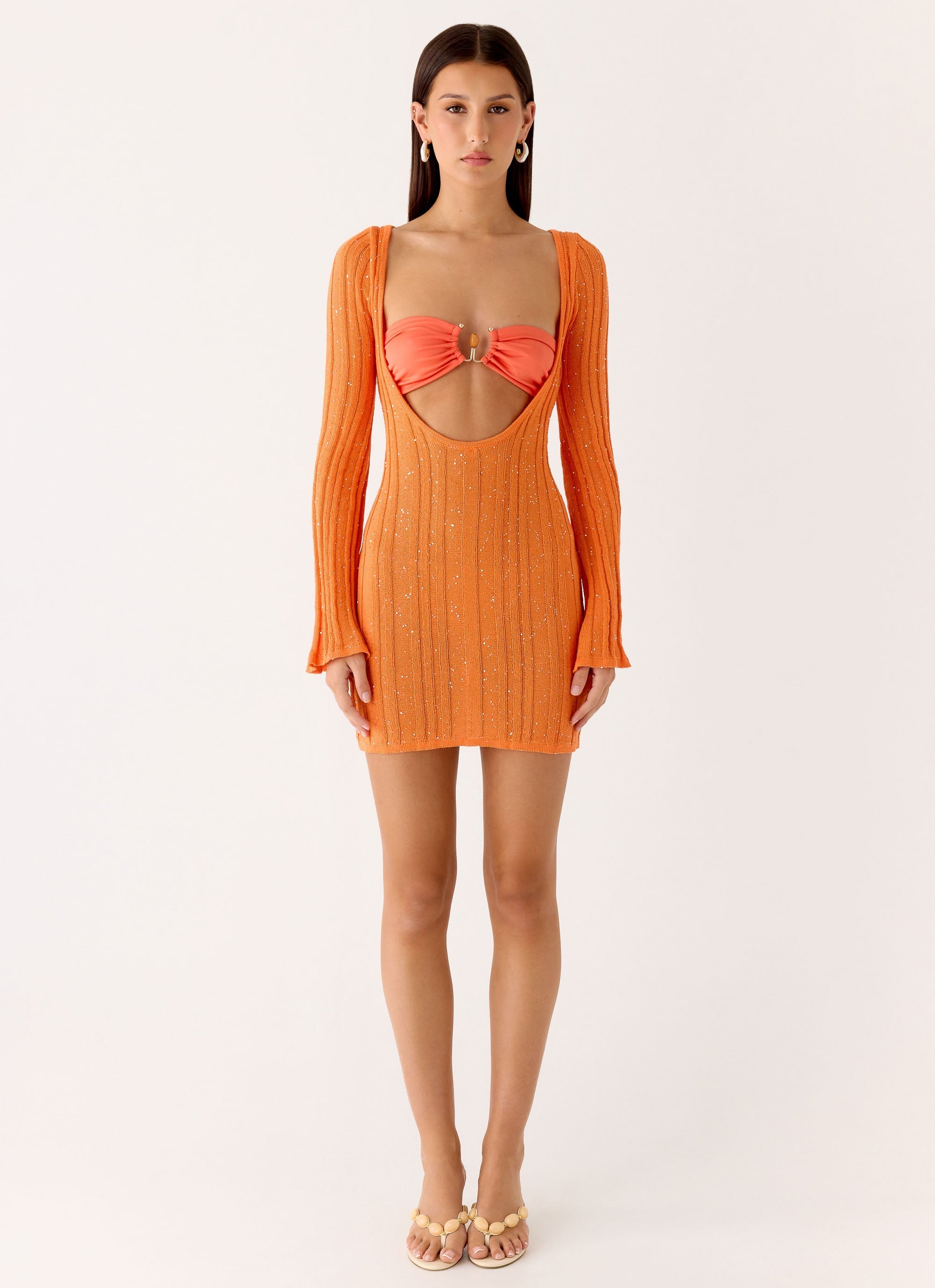 Estrella Long Sleeve Knit Mini Dress - Orange