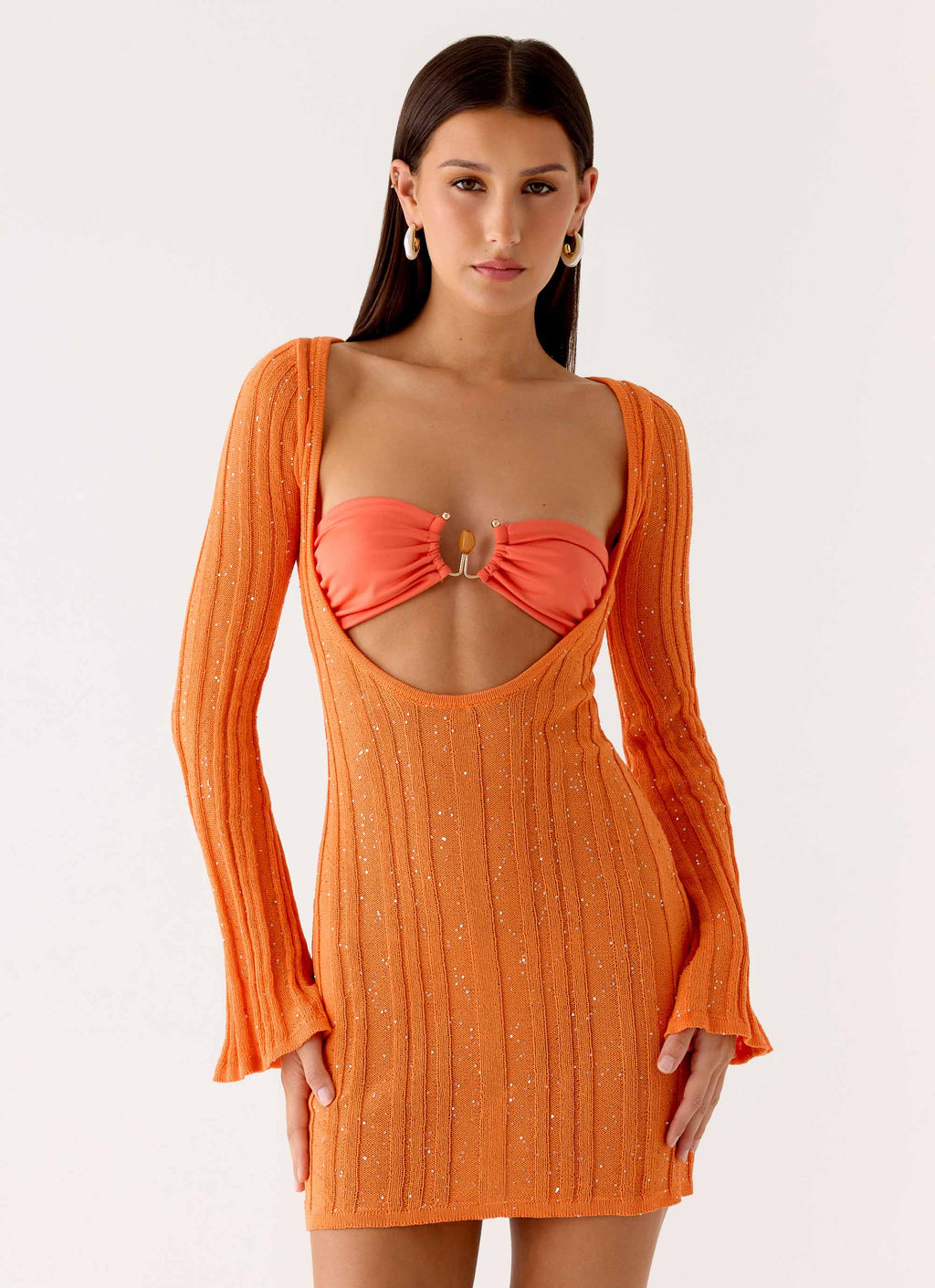 Estrella Long Sleeve Knit Mini Dress - Orange