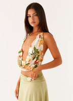 Everette Satin Scarf Top - Floral Print