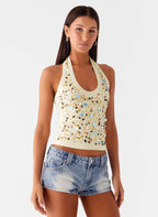 Eye Contact Sequin Halter Top - Yellow
