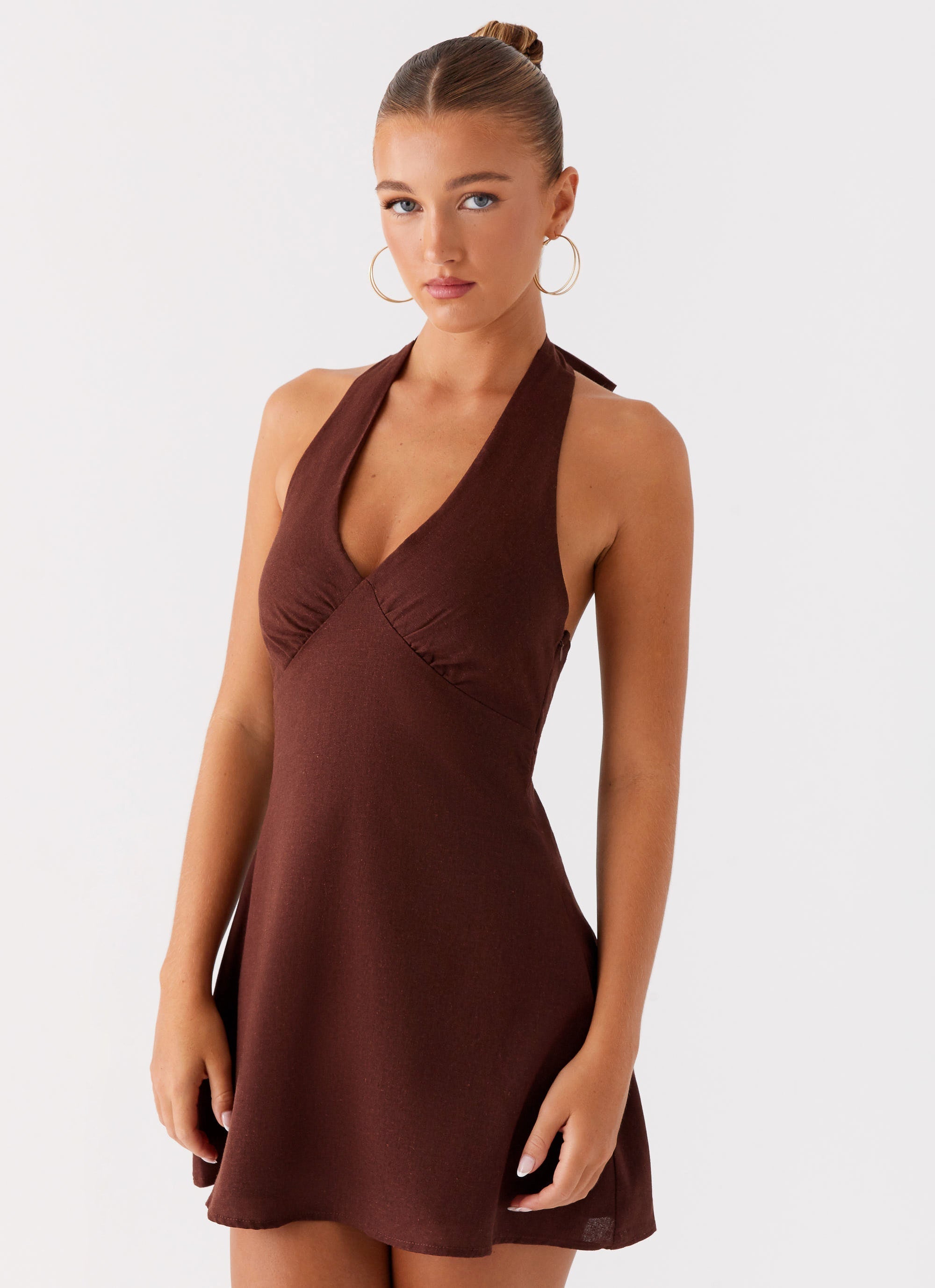 Heavy Hearted Linen Mini Dress - Brown