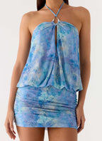 Jisoo Halter Mini Dress - Aqua Paisley