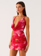 Juicy Fruit Halter Mini Dress - Peach Watermelon Flower