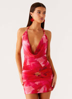 Juicy Fruit Halter Mini Dress - Peach Watermelon Flower