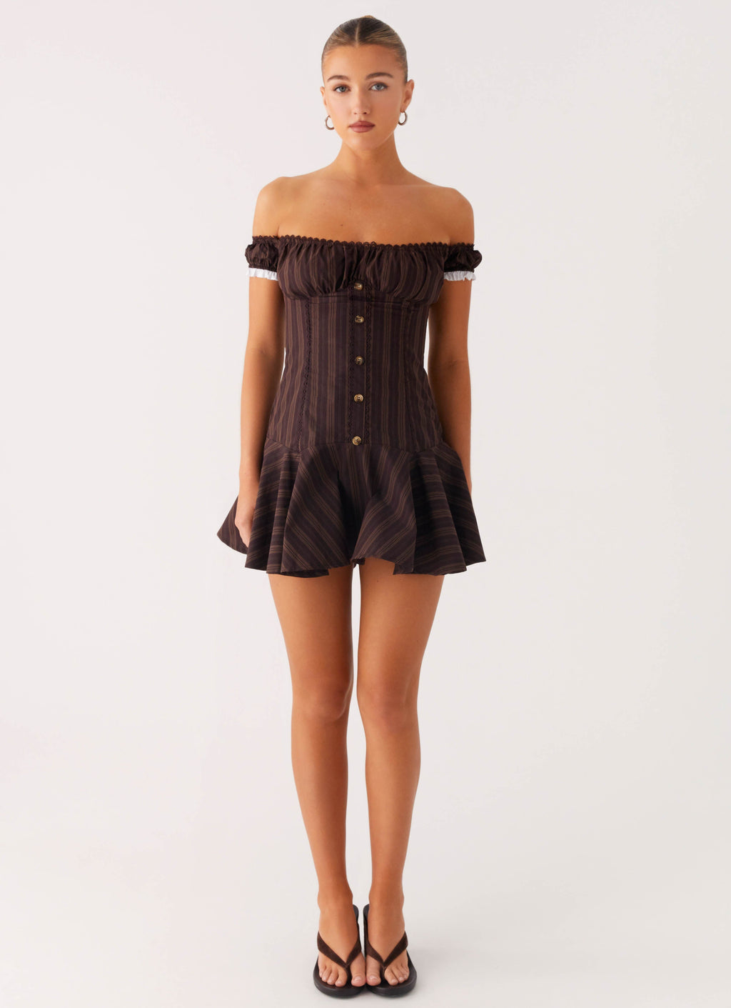 Jumana Off Shoulder Mini Dress - Toffee Stripe