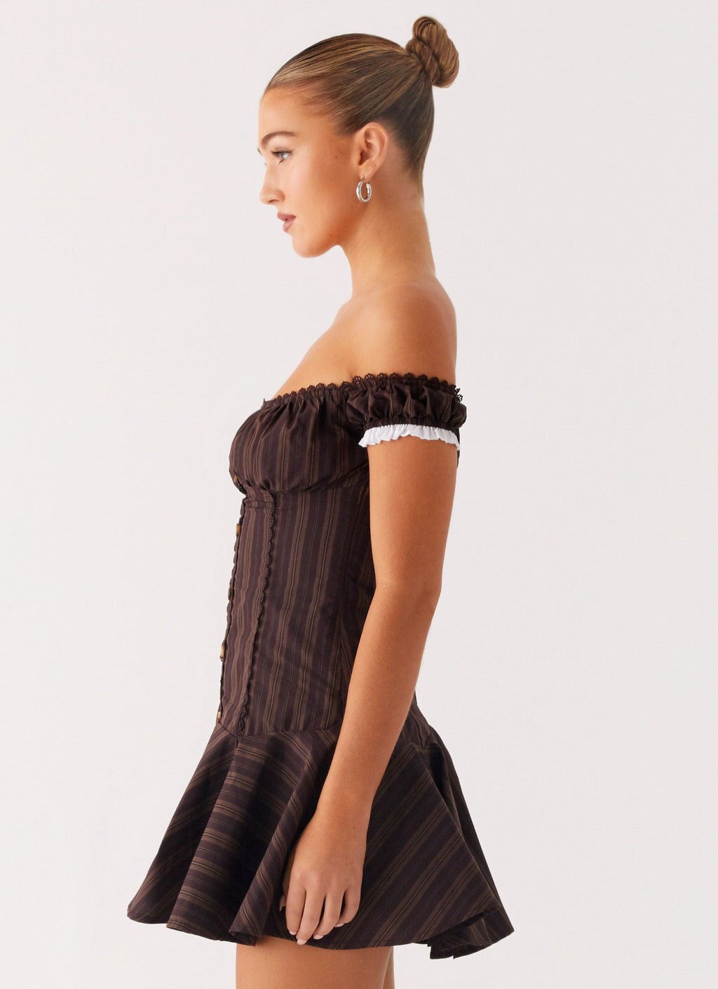 Jumana Off Shoulder Mini Dress - Toffee Stripe