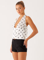 Lets Pretend Halterneck Top - White Polka Dot