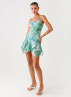 Marine Mist Asymmetric Hem Mini Dress - Green Paisley