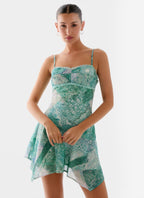 Marine Mist Asymmetric Hem Mini Dress - Green Paisley