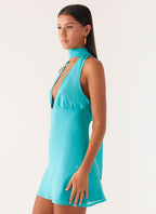 Melisande Scarf Neck Mini Dress - Aqua Blue