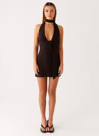 Melisande Scarf Neck Mini Dress - Cool Chocolate