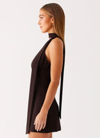 Melisande Scarf Neck Mini Dress - Cool Chocolate