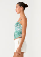 Nalini Ruched Neckline Top - Green Paisley