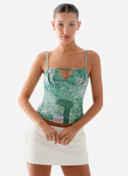Nalini Ruched Neckline Top - Green Paisley