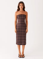Niko Strapless Midi Dress - Brown Black Check