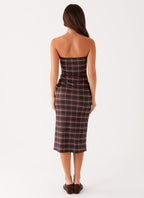 Niko Strapless Midi Dress - Brown Black Check