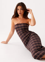 Niko Strapless Midi Dress - Brown Black Check