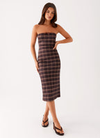 Niko Strapless Midi Dress - Brown Black Check