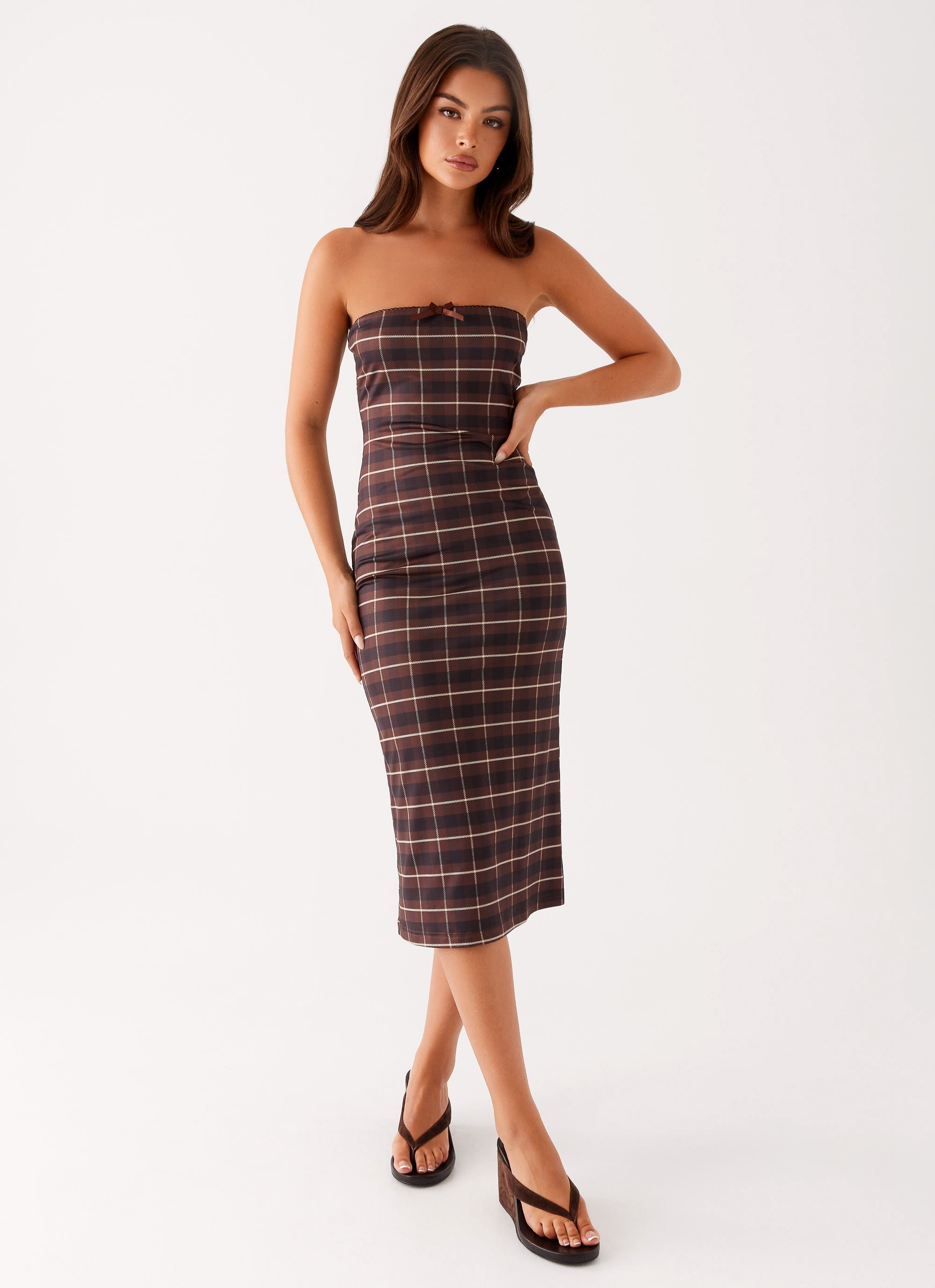 Niko Strapless Midi Dress - Brown Black Check