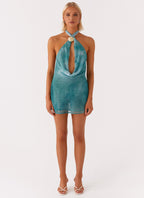 Oceans Away Deep Cowl Mini Dress - Green Tie Dye