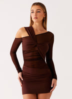 Ophelie Asymmetric Long Sleeve Mini Dress - Chocolate