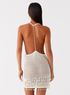 Pearl Shore Beaded Crochet Mini Dress - Ivory