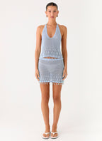Pearl Shore Beaded Crochet Top - Blue