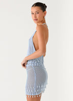 Pearl Shore Beaded Crochet Top - Blue