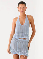 Pearl Shore Beaded Crochet Top - Blue