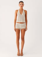 Pearl Shore Beaded Crochet Top - Ivory