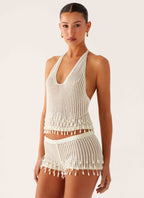 Pearl Shore Beaded Crochet Top - Ivory
