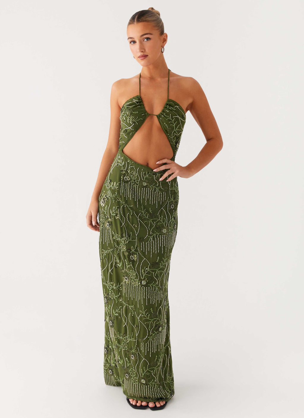 Phoenicia Beaded Maxi Dress - Khaki