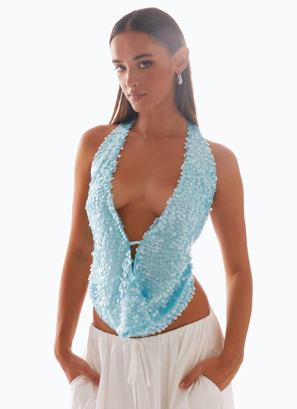 Rio Dreams Cowl Neck Halter Top - Turquoise