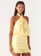 Saebi Tie Neck Mini Dress - Lemon