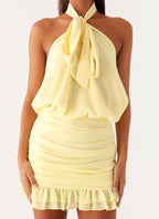 Saebi Tie Neck Mini Dress - Lemon